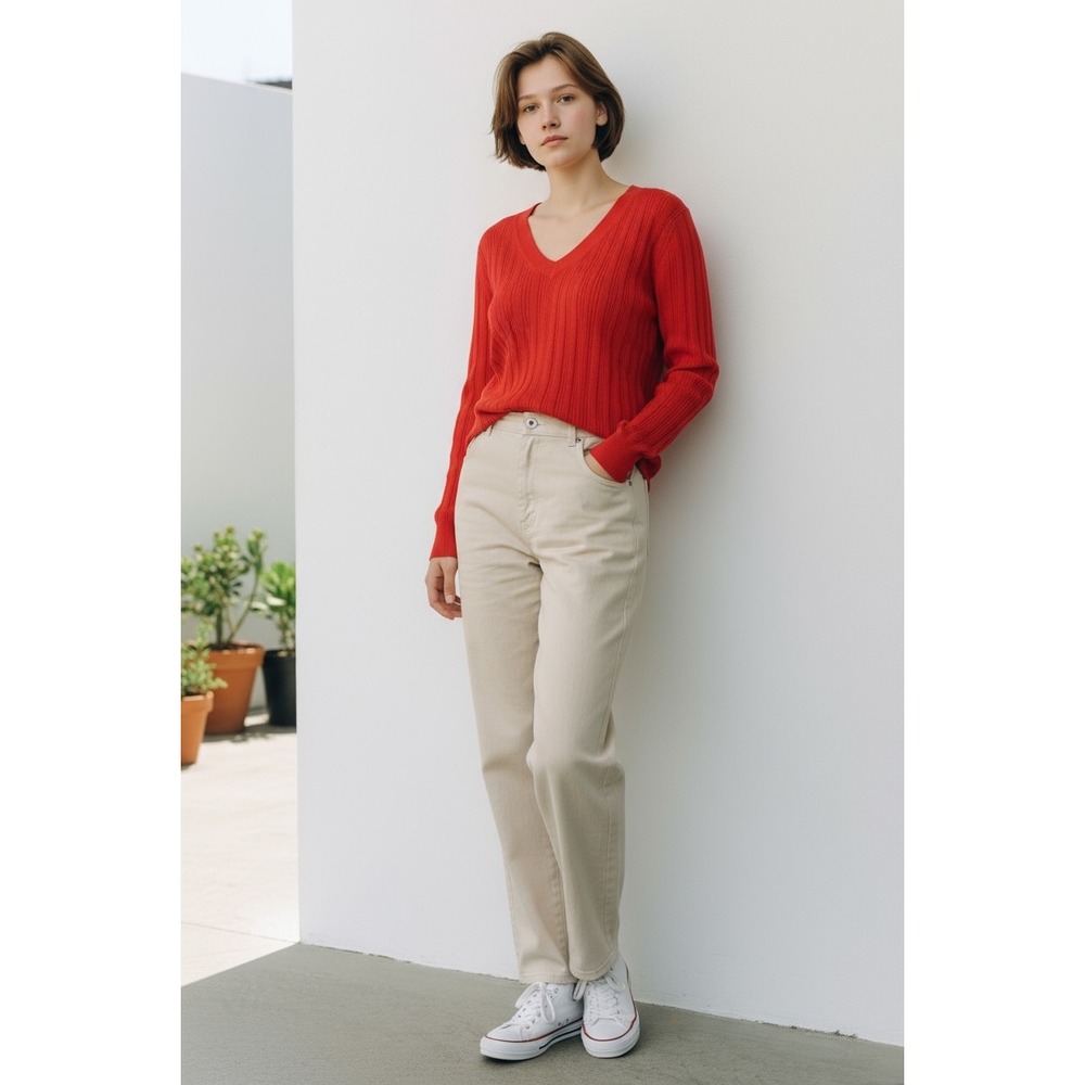 Equipment Femme Red/Orange V-Neck Ribbed Knit Long Sleeve Top